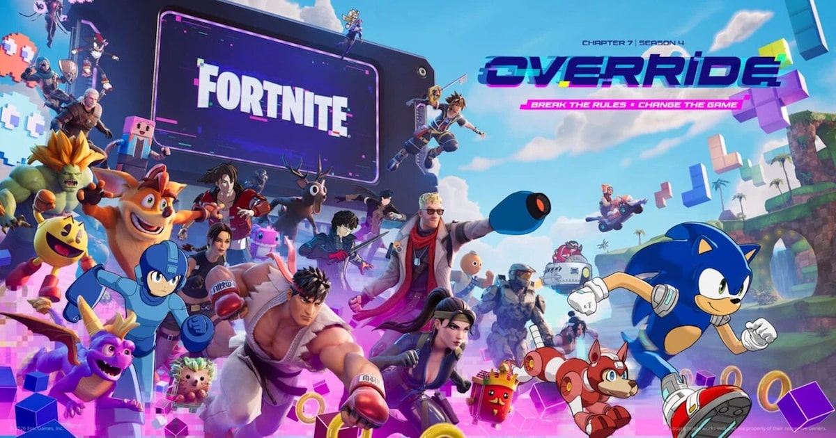 Arte oficial da temporada Fortnite OVERRIDE com Mega Man, Mega Man X, Rush, Sonic e outros icones